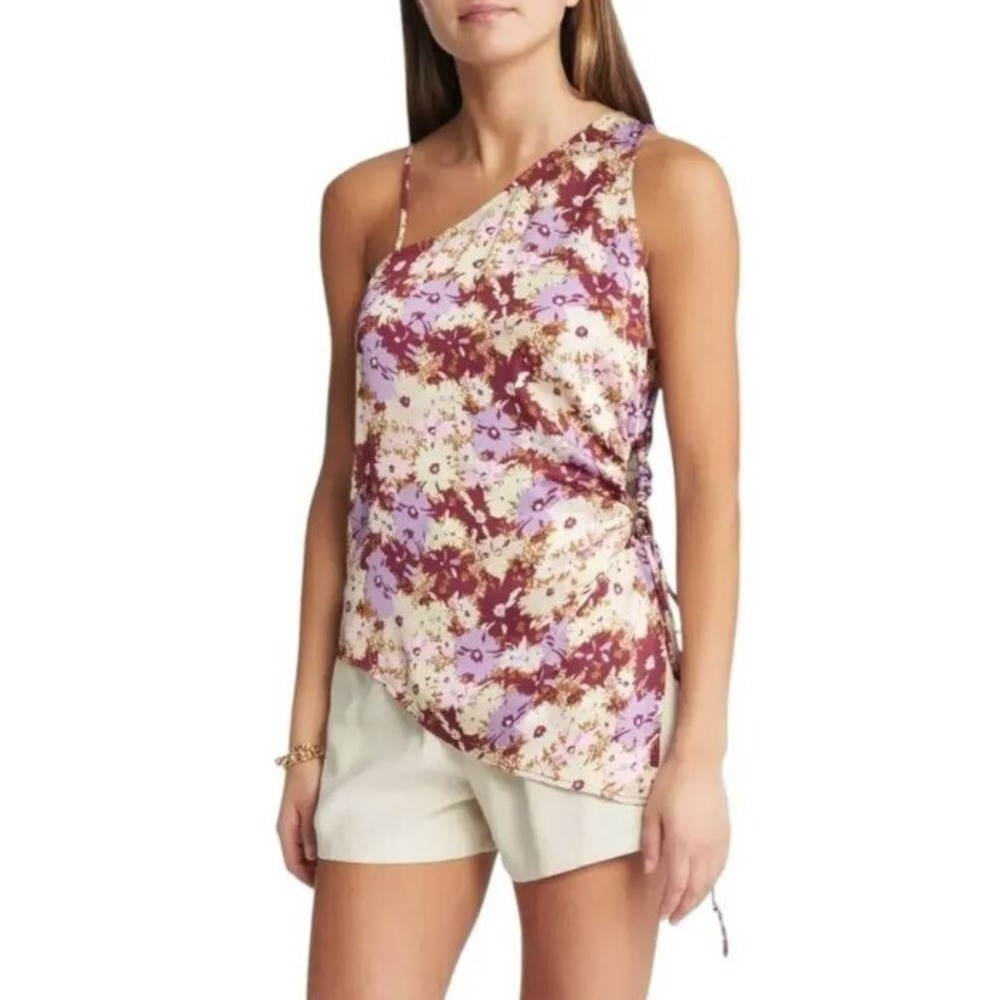 Open Edit Womens One Shoulder Side Adjustable Cut-Out Floral Asymmetrical Top XS